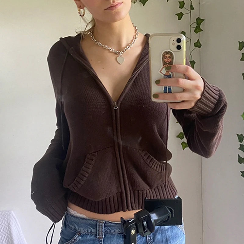 Vintage Knitted Zip-Up Hoodie Cardigan Shirt