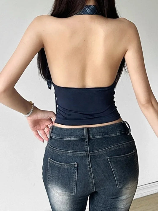 Plaid Patchwork Y2K Aesthetic Halter Tank