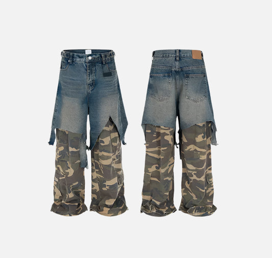 Blue Ripped Spliced Camo Jeans