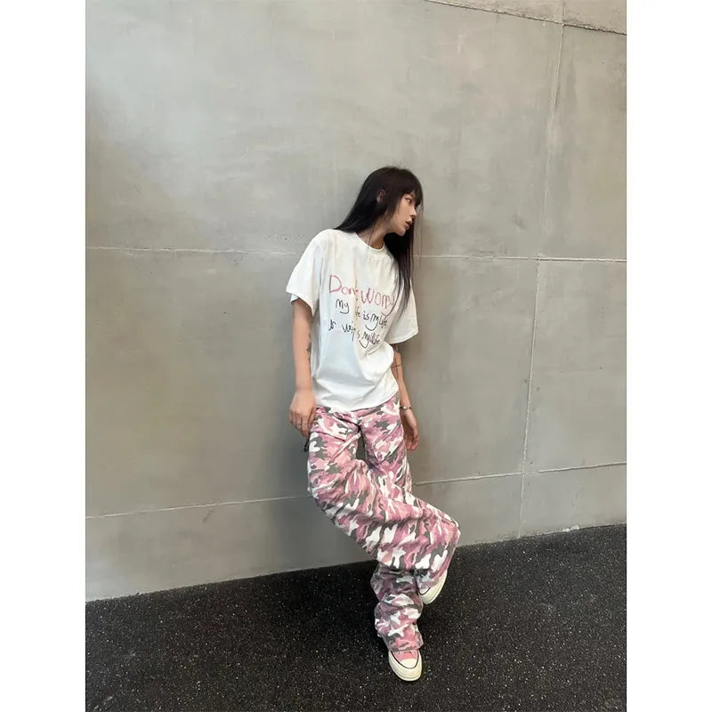 Pink Camouflage Wide Leg Workwear Jeans