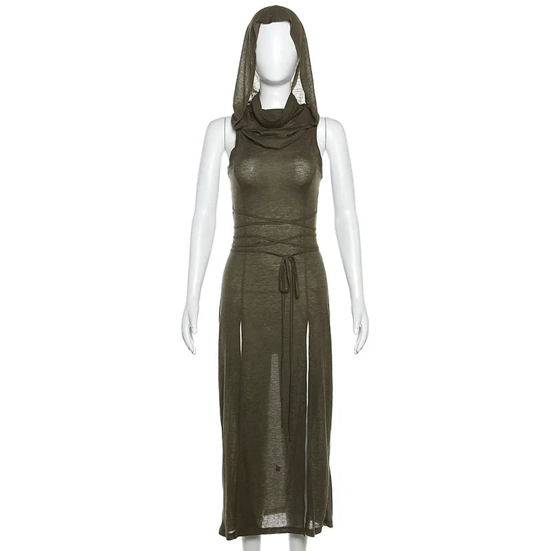 Gothic Mesh Sleeveless Hooded Midi Dress