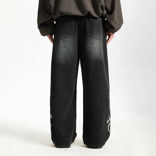 Black Graphic Denim Wide Leg Jeans
