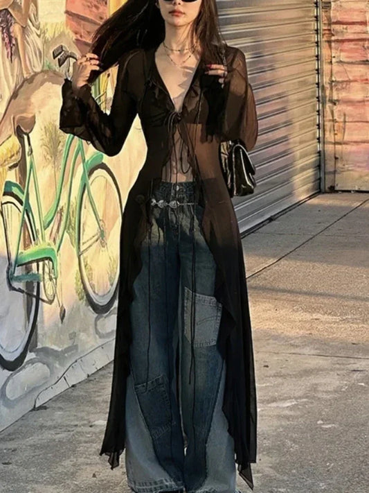 Black Vintage Y2K See-Through Cardigan Blouse