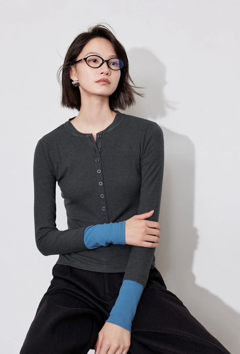 Color Block Long Sleeve Women T-Shirt