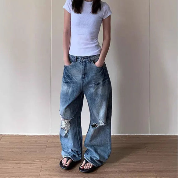 Retro Distressed Loose Fit Wide Jeans