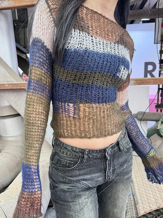 Gothic Hollow Knitted Sweater Contrast Stripe