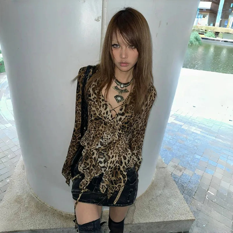 Leopard Print Ruffled V-Neck Blouse T-Shirt