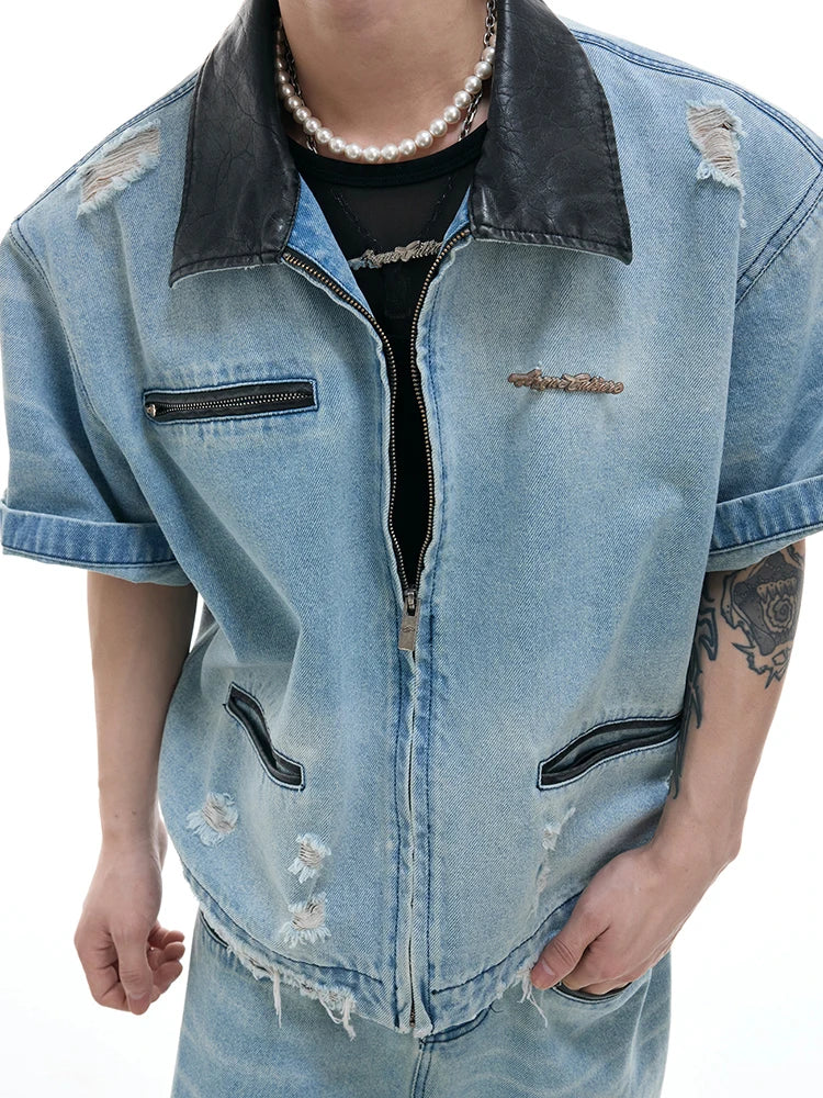 Color Contrast Leather Neck Denim Jeans
