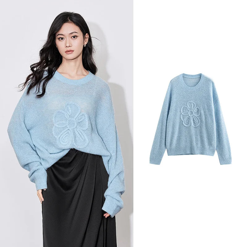 Cozy Knitted Sweater Flower Pattern Pullover