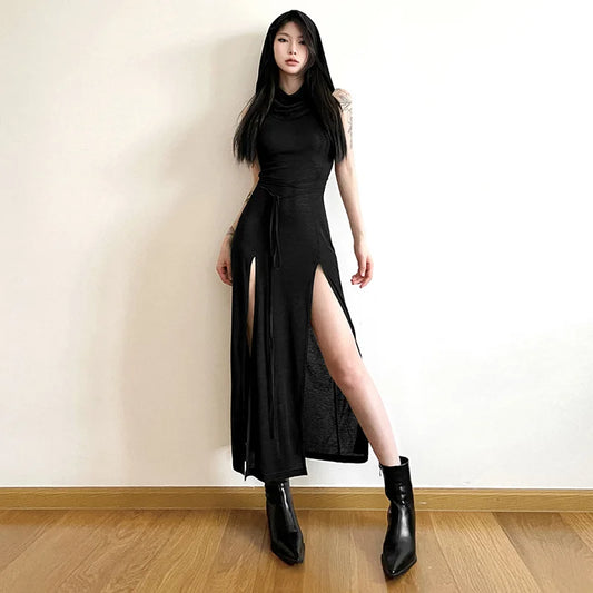 Gothic Mesh Sleeveless Hooded Midi Dress