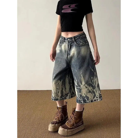 Lightning Pattern Retro Denim Shorts