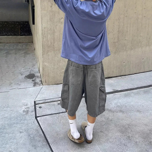 Vintage Washed Denim Cargo Shorts
