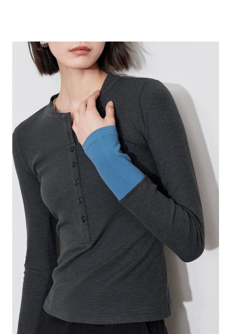 Color Block Long Sleeve Women T-Shirt