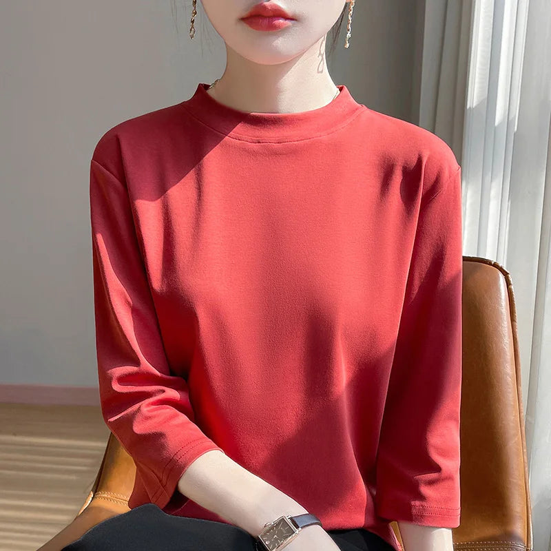 Cotton Semi High Neck Cropped T-Shirt
