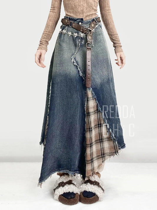 Vintage Gradient Plaid Patchwork Maxi Jeans