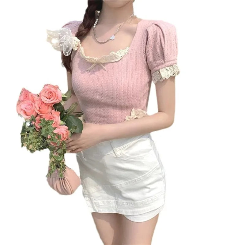 Spicy Girl Square Neck Lace Shirt