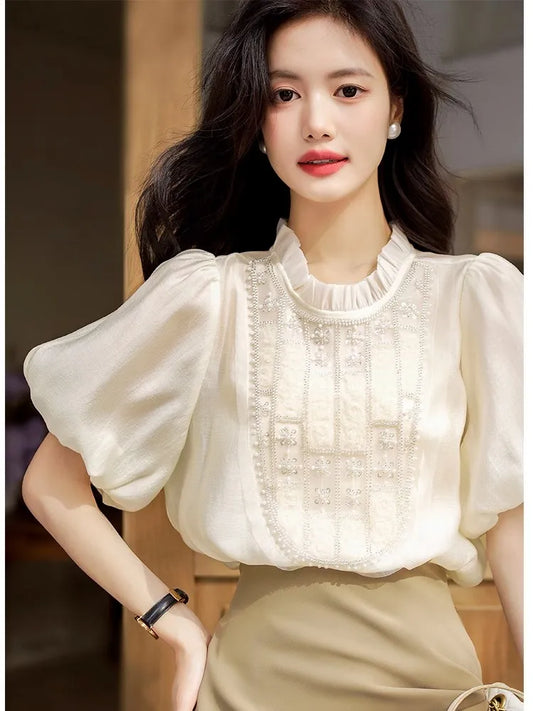 Chic Crochet Patchwork Lantern Sleeve Shirt