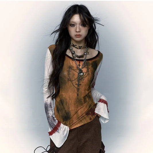 Vintage Japanese Y2K Mesh Flare-Sleeve T-Shirt