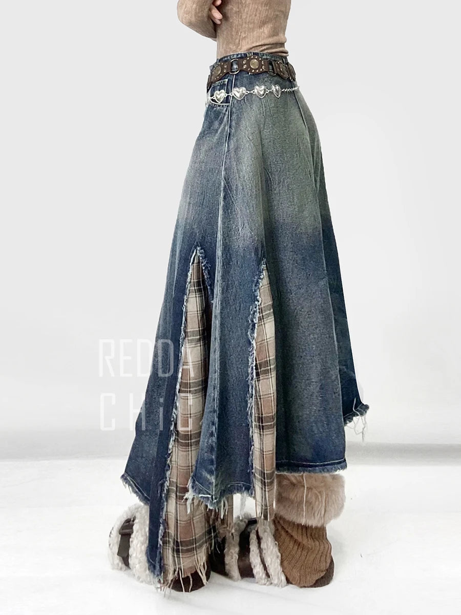 Vintage Gradient Plaid Patchwork Maxi Jeans