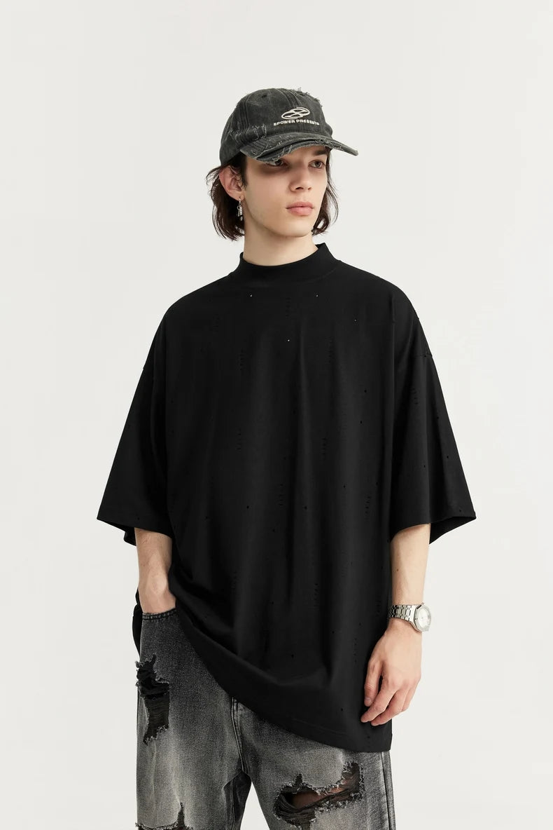 Heavyweight Ripped Mock Neck Cotton T-Shirt