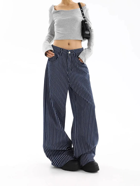 Autumn American Vintage Striped Wide Jeans