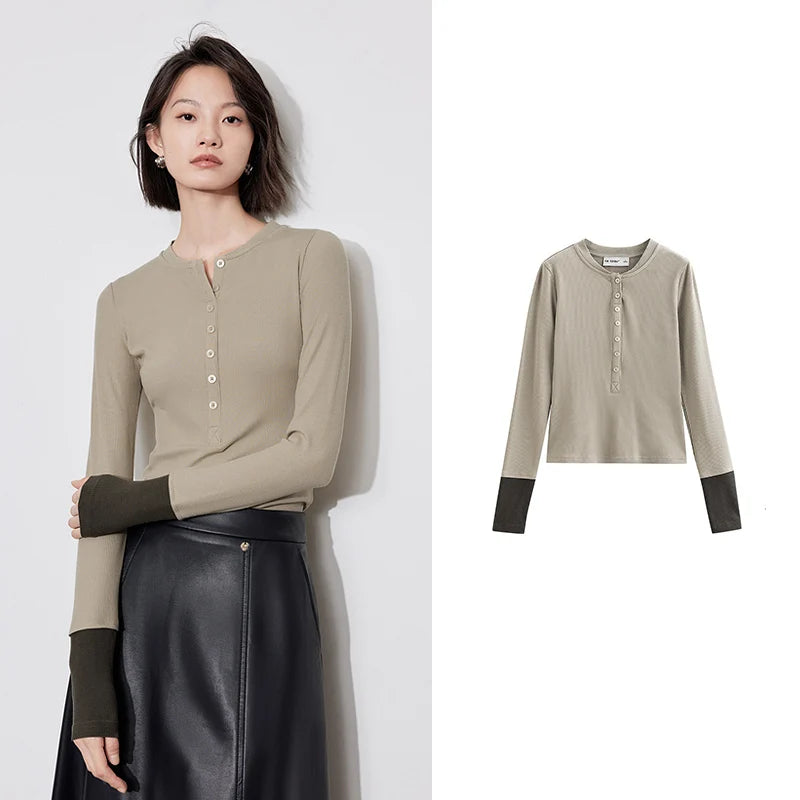 Color Block Long Sleeve Women T-Shirt