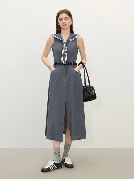 Navy Inspired Sleeveless A-Line Denim Dress