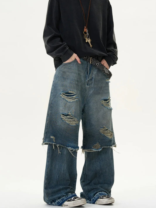 Stacked Fake Two Pairs Ripped Jeans