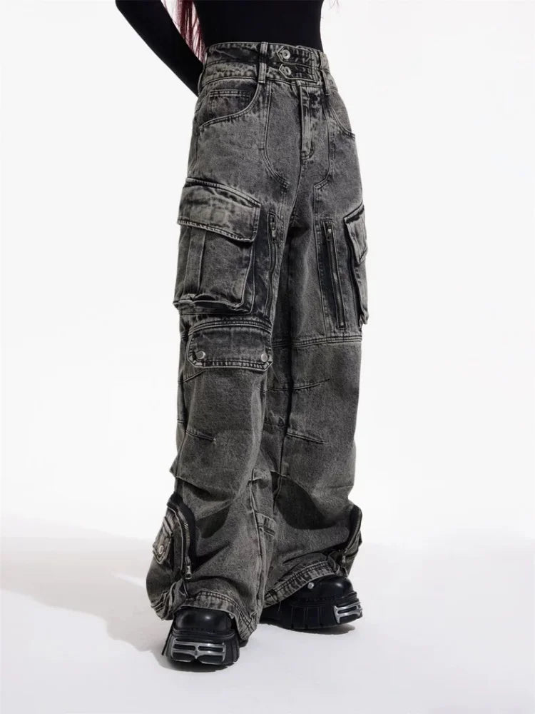 Vintage Grey Pleated Cargo Wide Jeans