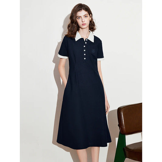 Contrast Color Polo Collar A-Line Dress