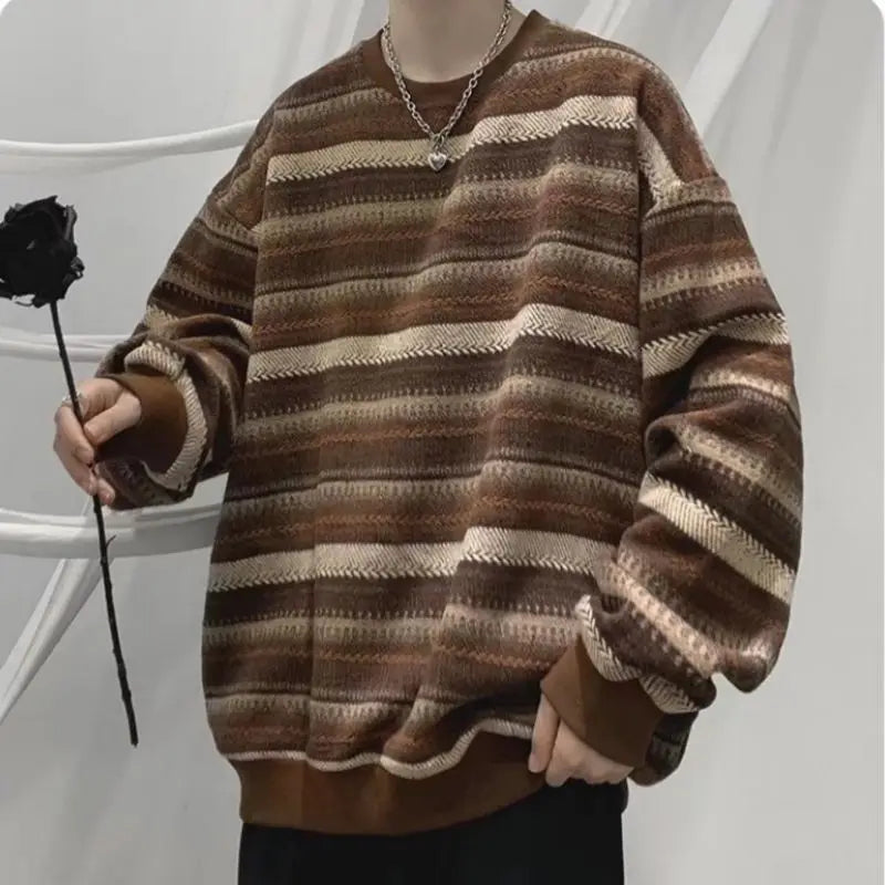 Trendy Retro Striped Loose Pullover Sweatshirt