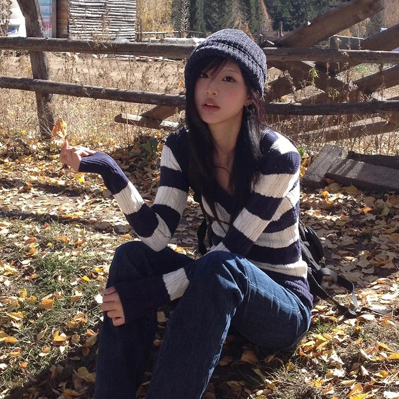 Vintage Japanese Striped V-Neck Sweater