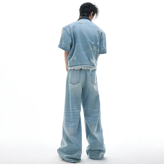 Color Contrast Leather Neck Denim Jeans