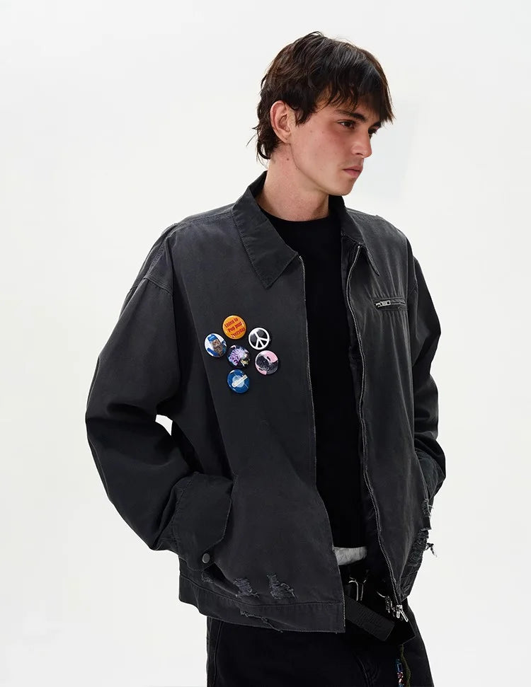 Distressed Washed Ripped Varsity Jacket
