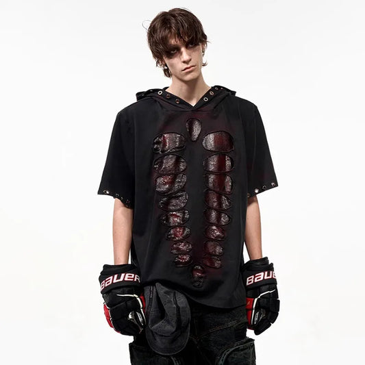 Stylish Hollow Out Patched Loose T-Shirt