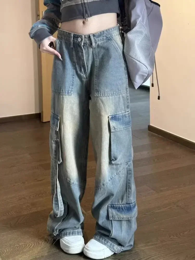 High Waist Spliced Denim Cargo Jeans