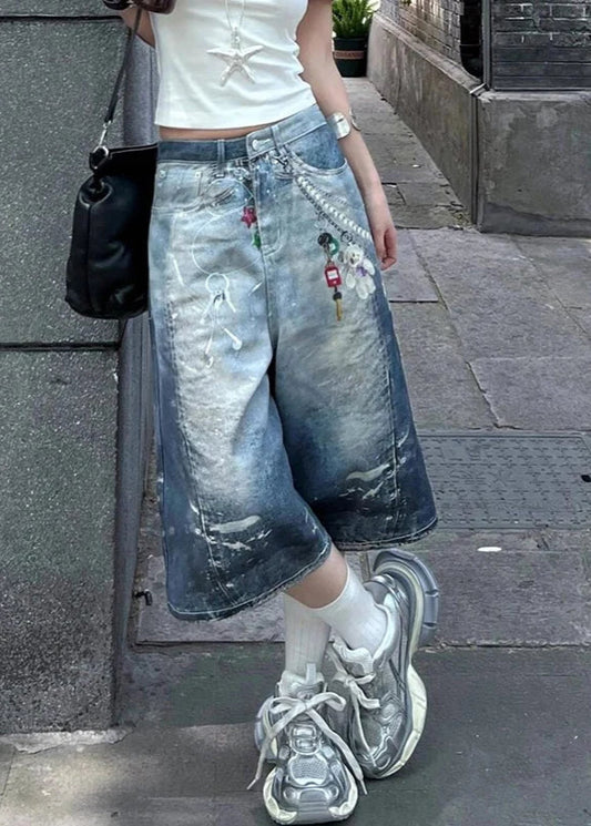 Blue Vintage Star Print Baggy Shorts