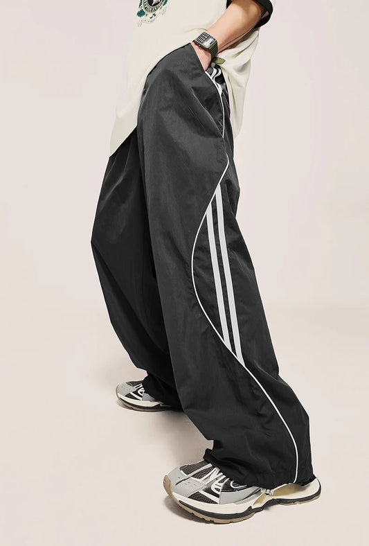 Black Striped Wide Leg Drawstring Pants