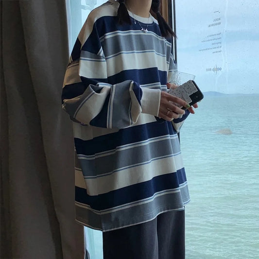 Striped Long Sleeve Cotton Hoodie Shirt