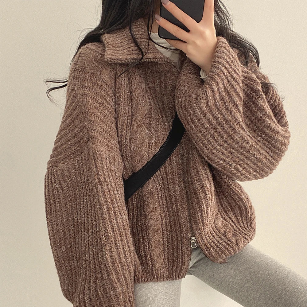 Cozy Oversized Knitted Zipper Cardigan Sweater