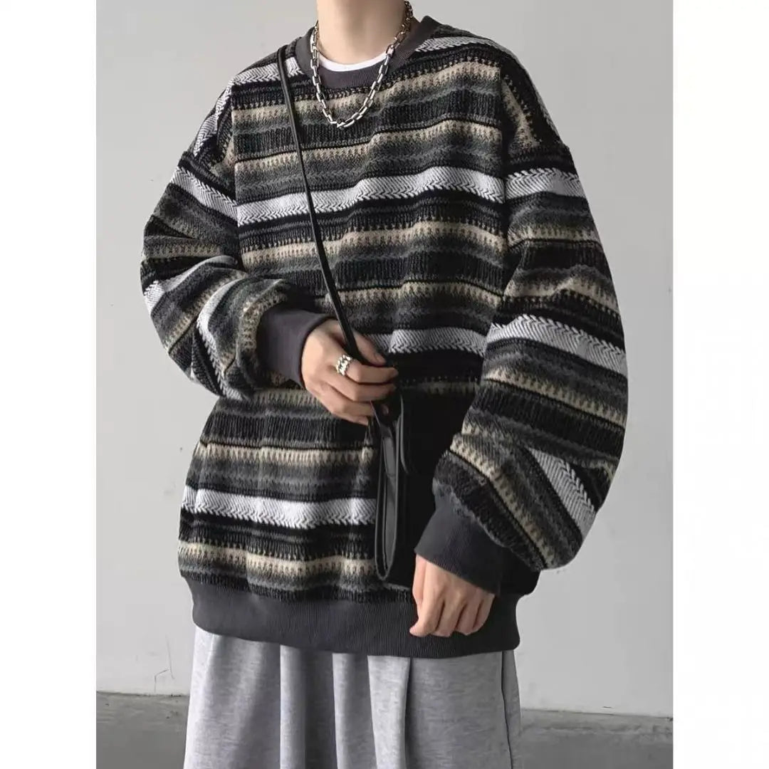 Trendy Retro Striped Loose Pullover Sweatshirt