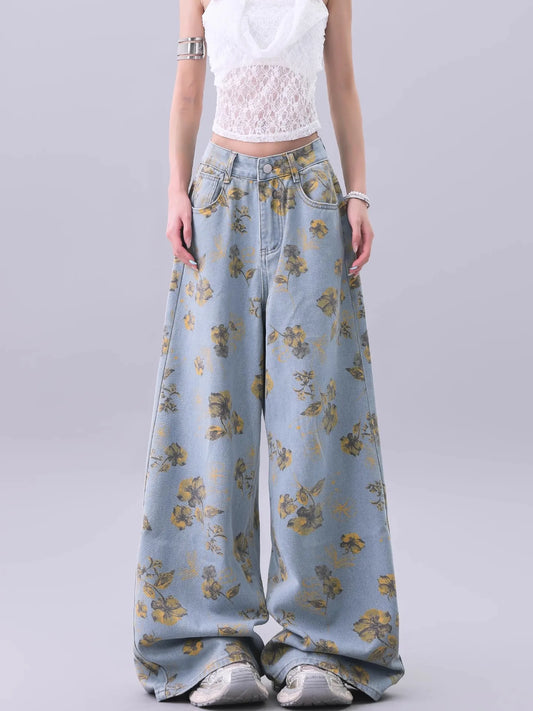 Blue Vintage Floral Print High Jeans