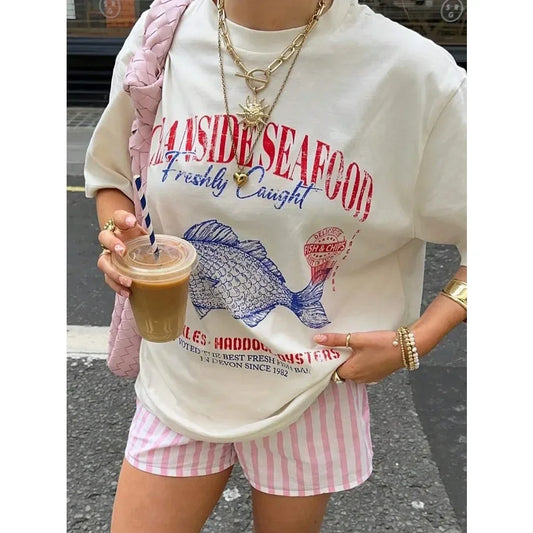 Graphic Seafood Print Summer T-Shirt