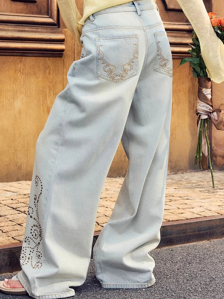 Retro Embroidery Baggy Pattern Hip Jeans