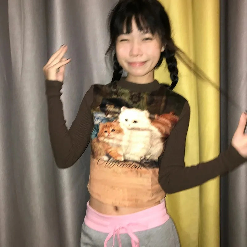 Japanese Y2K Cat Print Crop T-Shirt