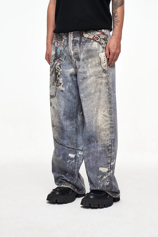 Luxury Loose Washed Digital Graffiti Jeans
