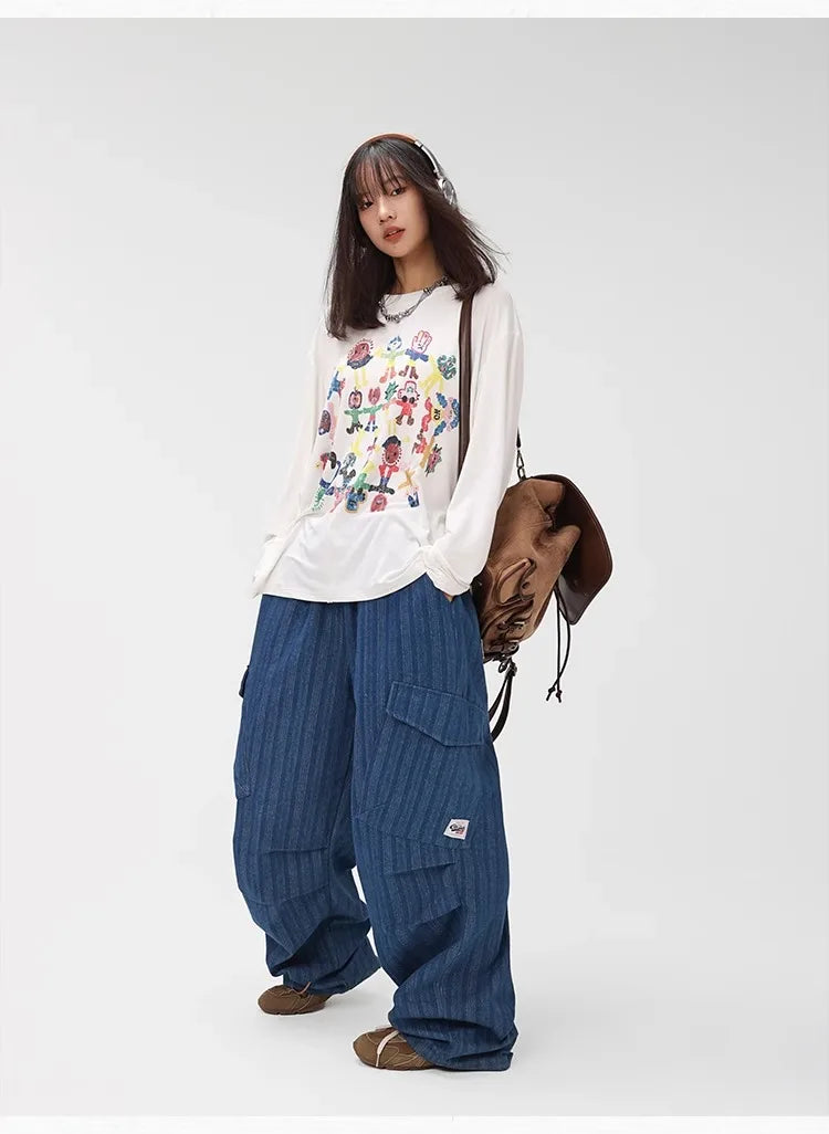 Deep Blue Vertical Stripe Denim Pants