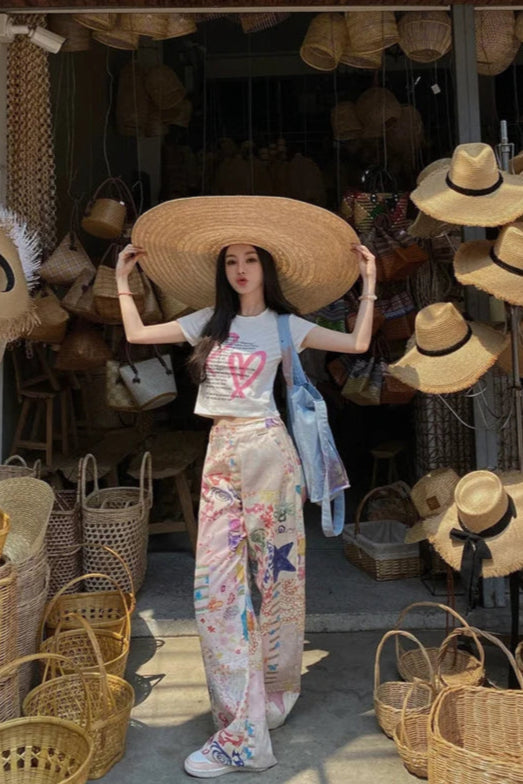 Vintage Graffiti Print Baggy High Pants