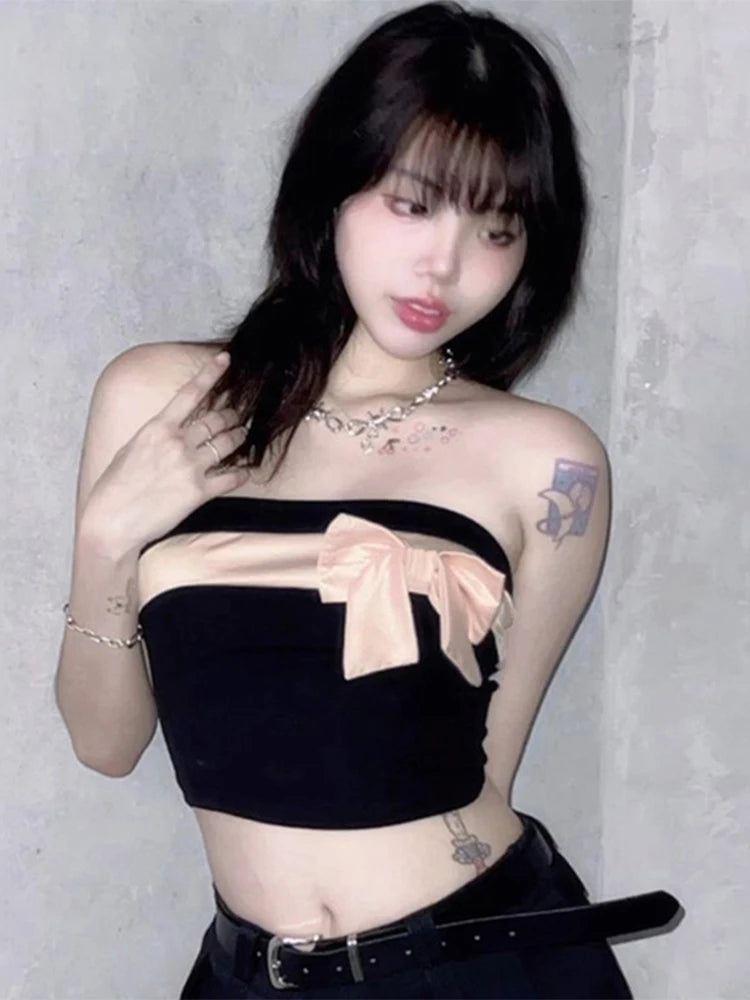 Vintage Gothic Black Bow Crop