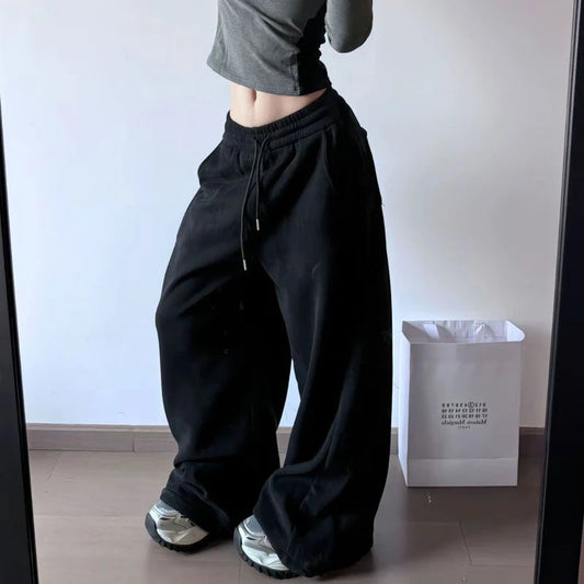 Black Oversized Fleece Joggers Wide Pants